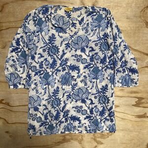 Roller Rabbit Blue White Floral Tunic Top  size large  boho Beachy